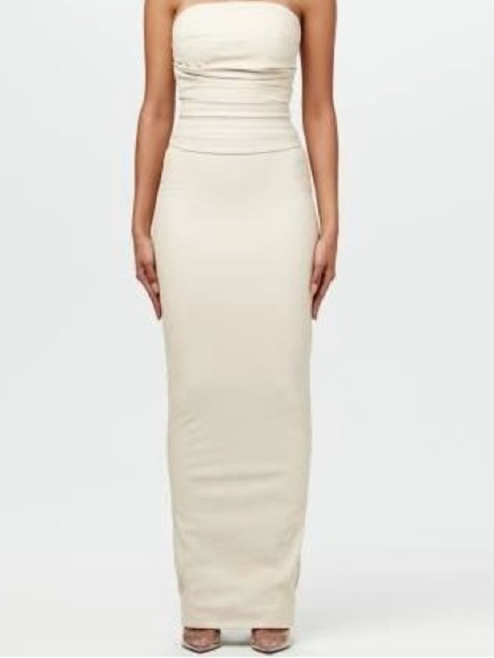 Naked Wardrobe Ruched Strapless Midi Dress in Ivory